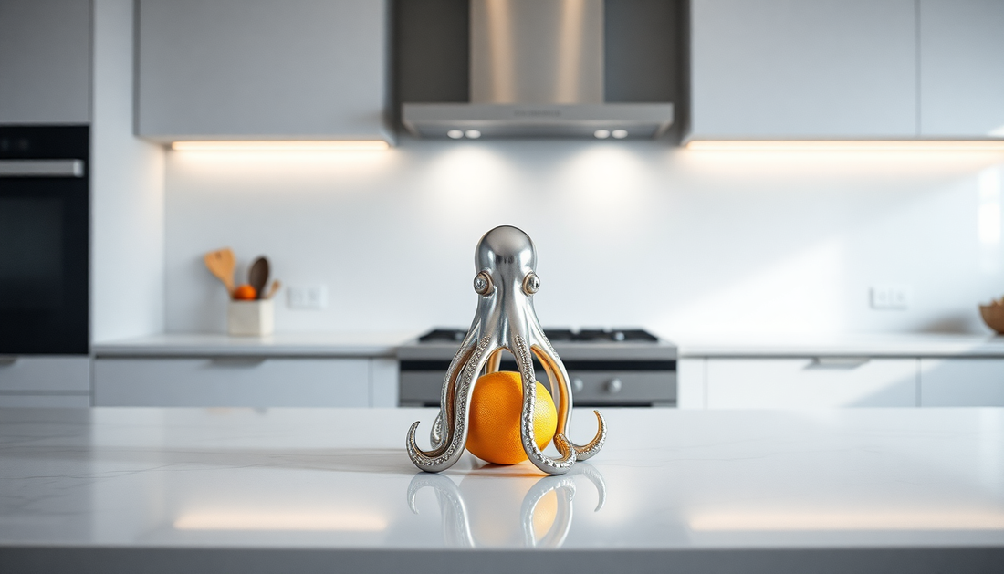 Elevate Your Kitchen with the Modern Minimalist Silver Octopus Juicer Ornament from BlenderJuice.com
