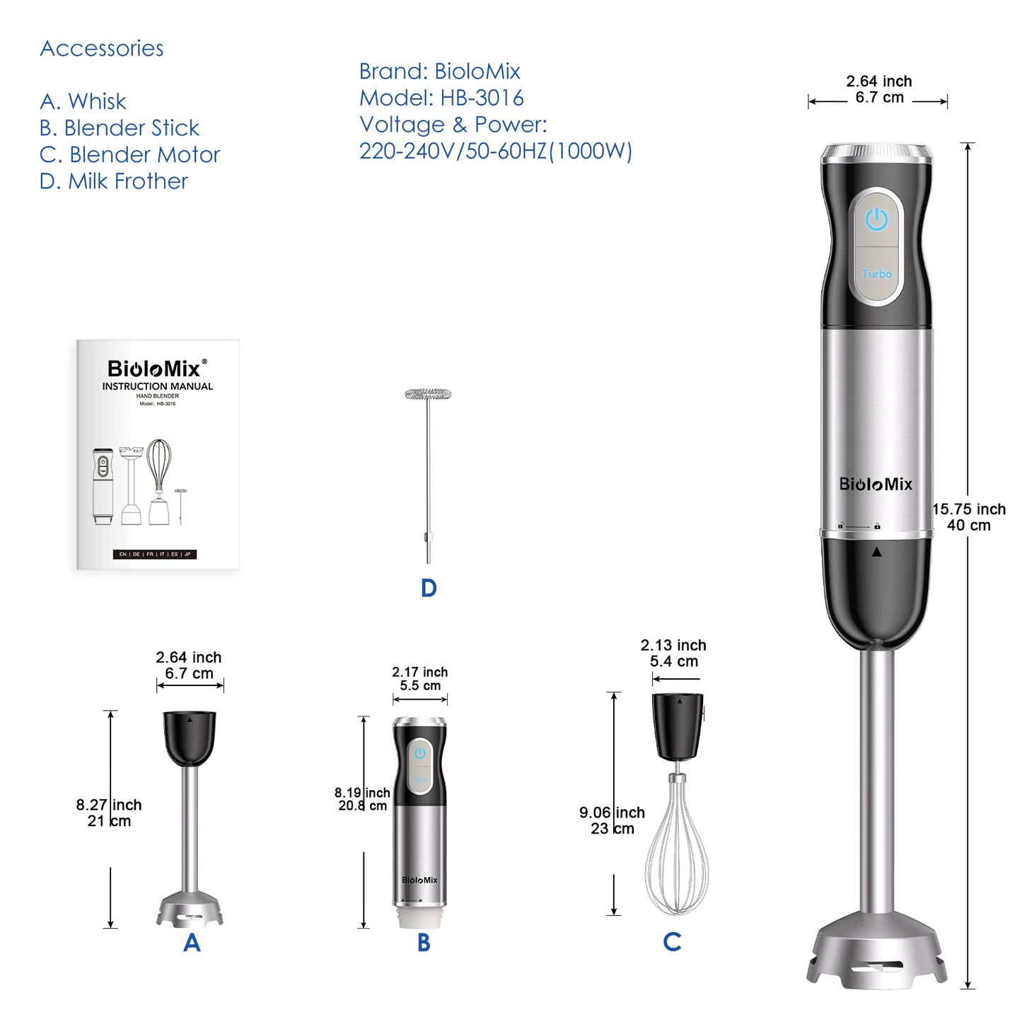 Stainless Steel 3-in-1 Immersion Hand Blende Whisk