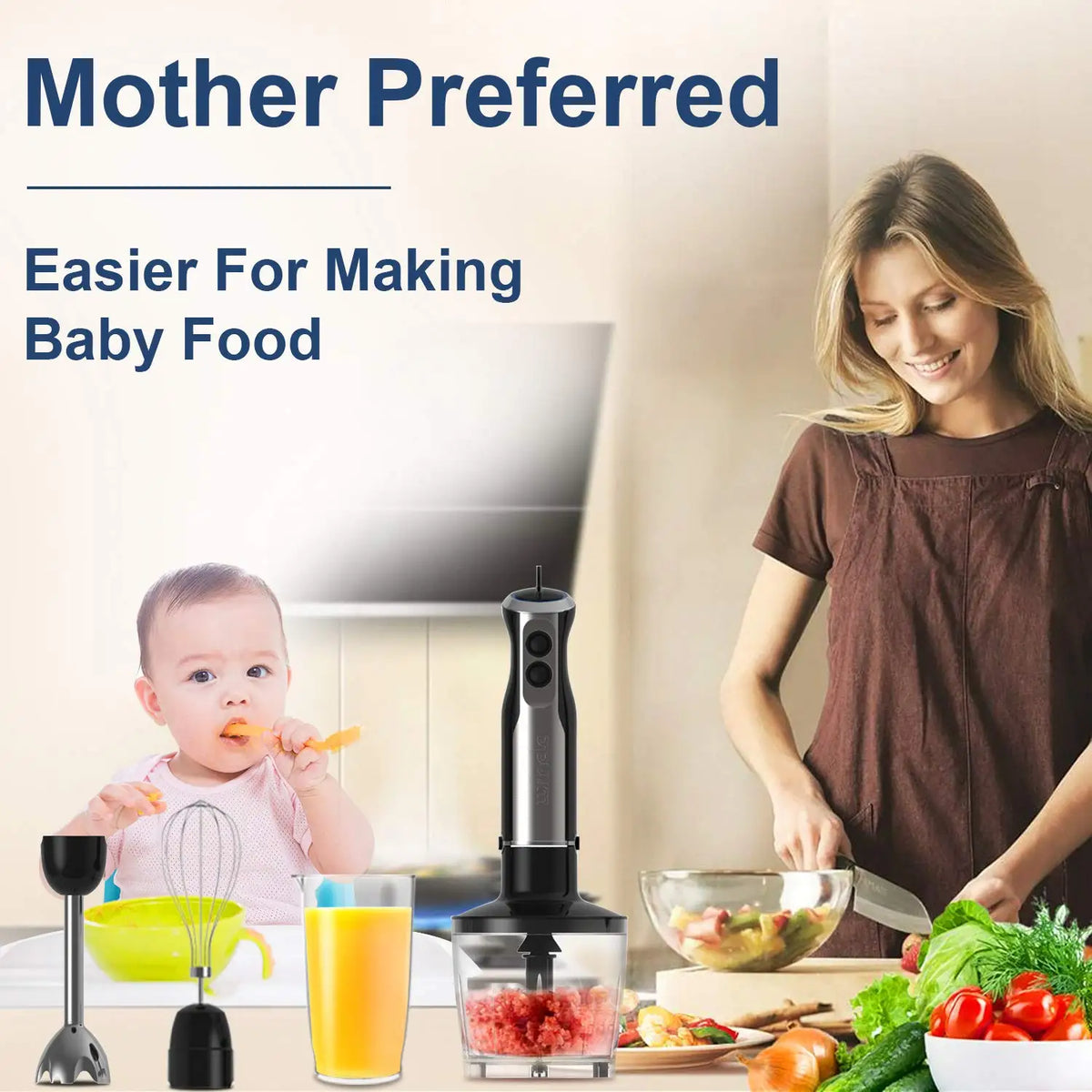 Wancle 1000W Immersion Hand Blender 4 in 1 Powerful Stick Blender Mixer
