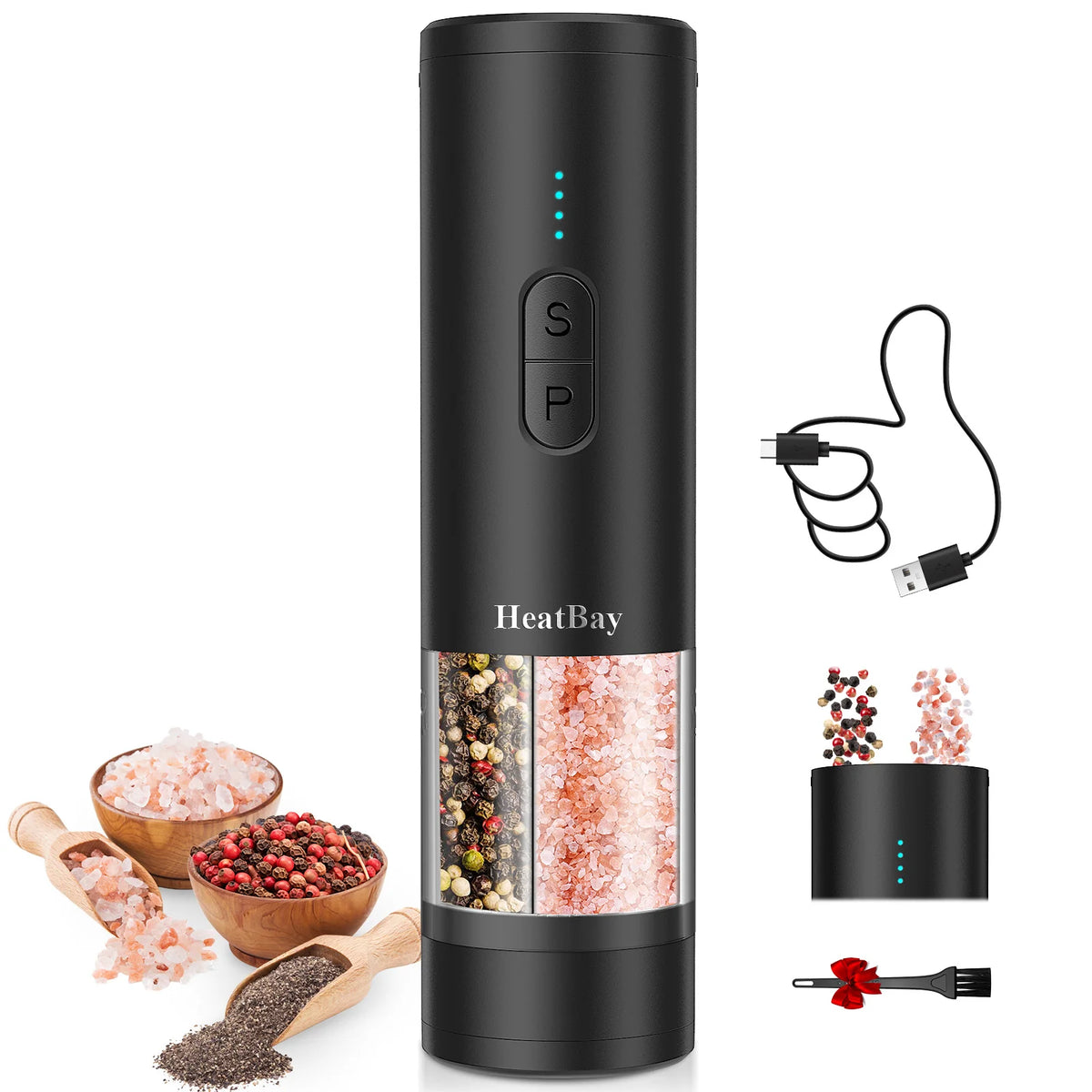 2 in 1 Electric Salt and Pepper Mill Type C Rechargeable LED Light