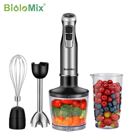 BioloMix 4 in 1 High Power Immersion Hand Stick Blender Mixer Includes Chopper and Smoothie Cup