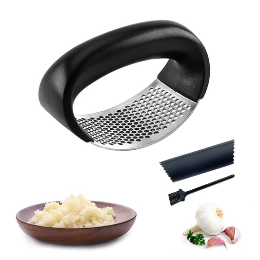 Stainless Steel Garlic Press with Handle Rocker Garlic Crusher Squeezer Slicer Mincer Chopper with Silicone Tube Peeler Clean
