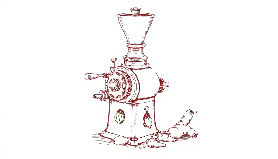 Unleash the Power of Healthy Eating with the Hand-Drawn Pepper Ginger Fruit And Vegetable Crusher from BlenderJuice.com