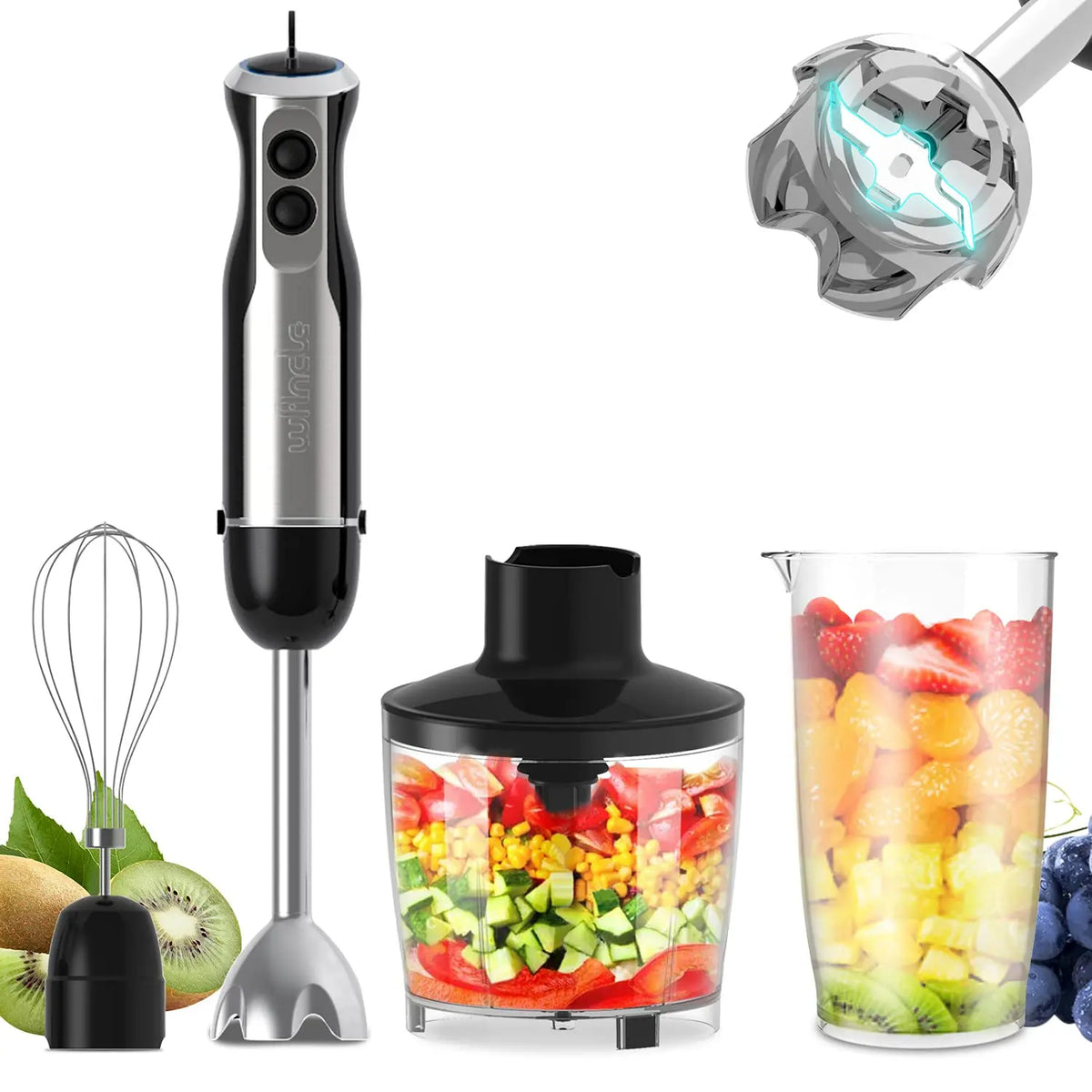 Wancle 1000W Immersion Hand Blender 4 in 1 Powerful Stick Blender Mixer