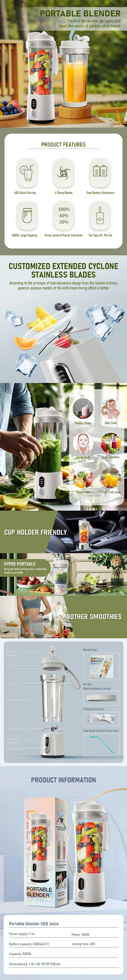 300W Powerful Juicer USB Battery Multi-use Juice Cup