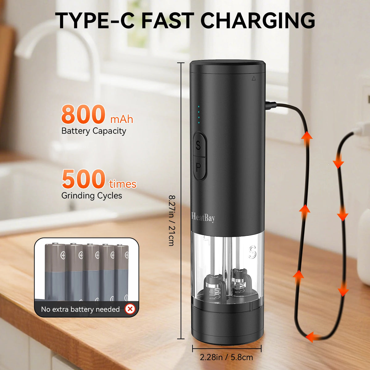 2 in 1 Electric Salt and Pepper Mill Type C Rechargeable LED Light