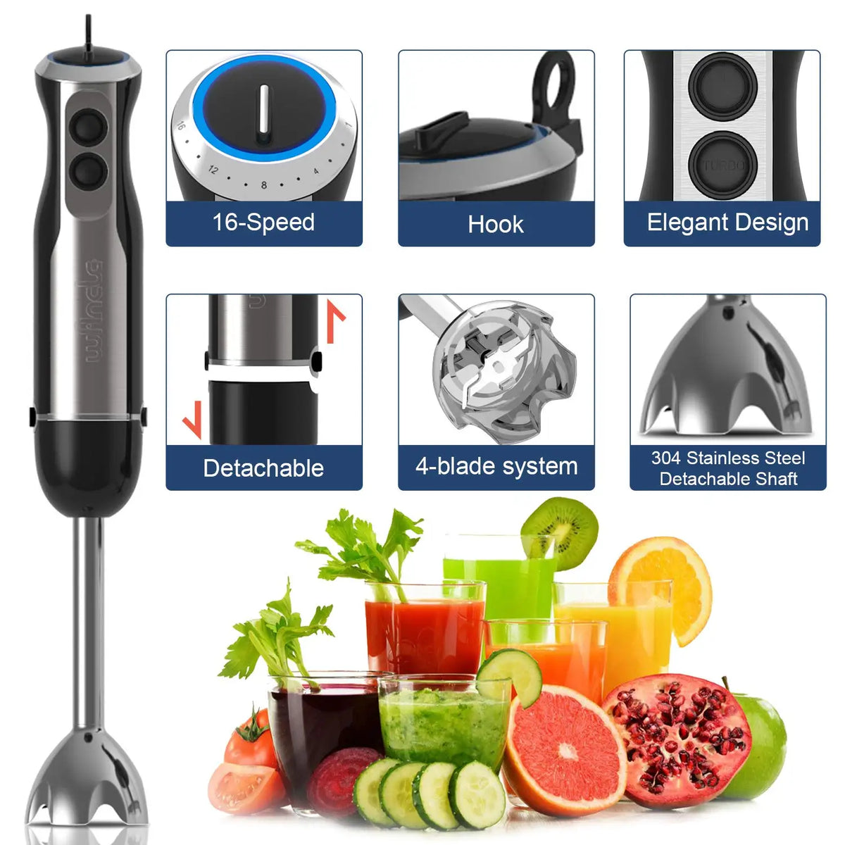 Wancle 1000W Immersion Hand Blender 4 in 1 Powerful Stick Blender Mixer