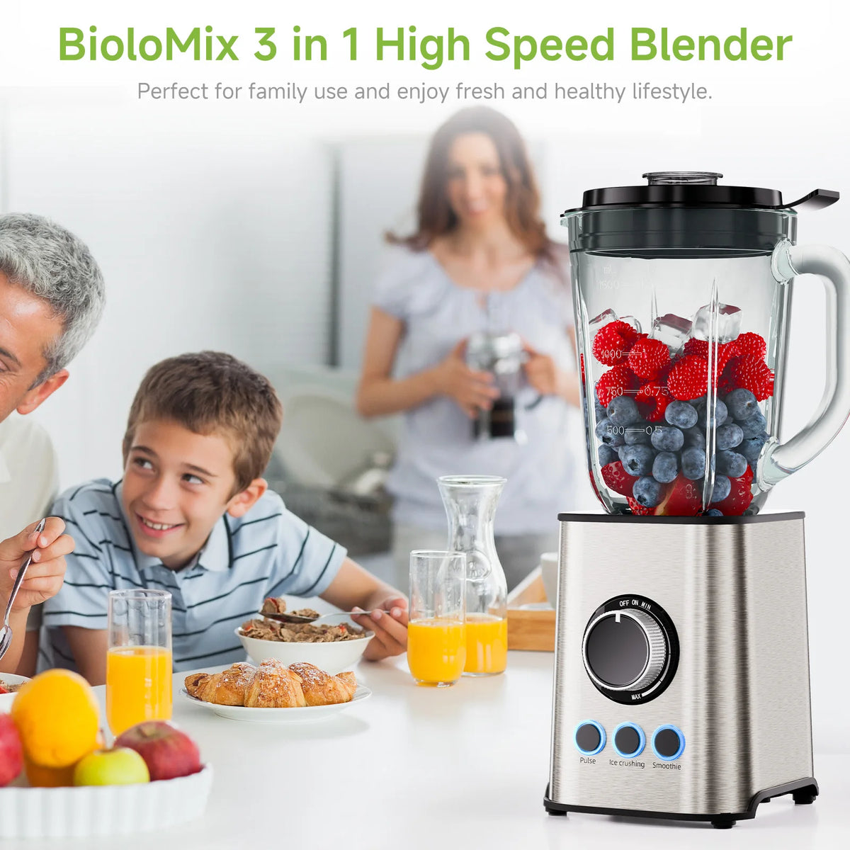 BioloMix 3 in 1 Smoothie Blender With Stainless Steel Blades,