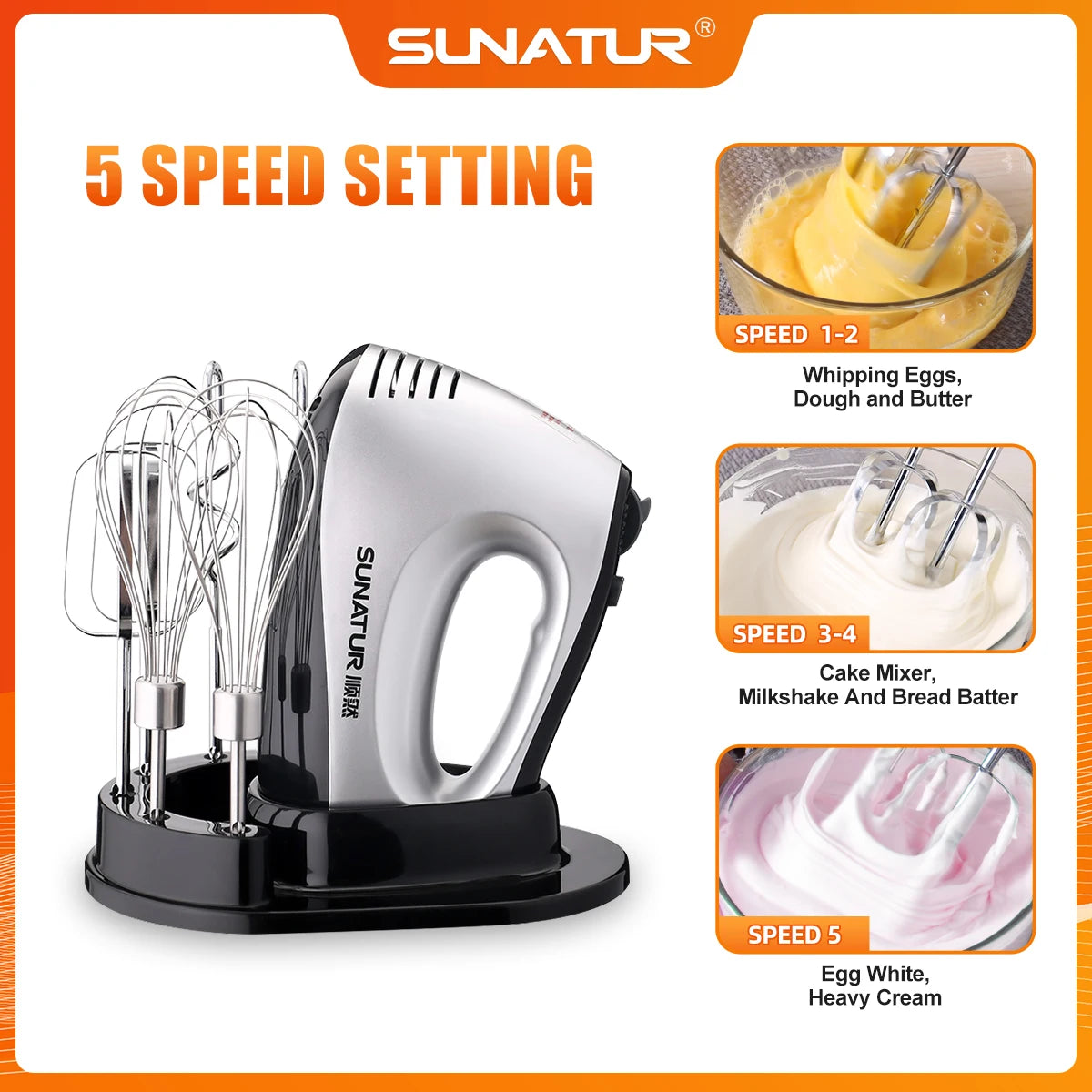 SUNATUR 300W Electric Hand Mixer - 5-Speed Egg Beater