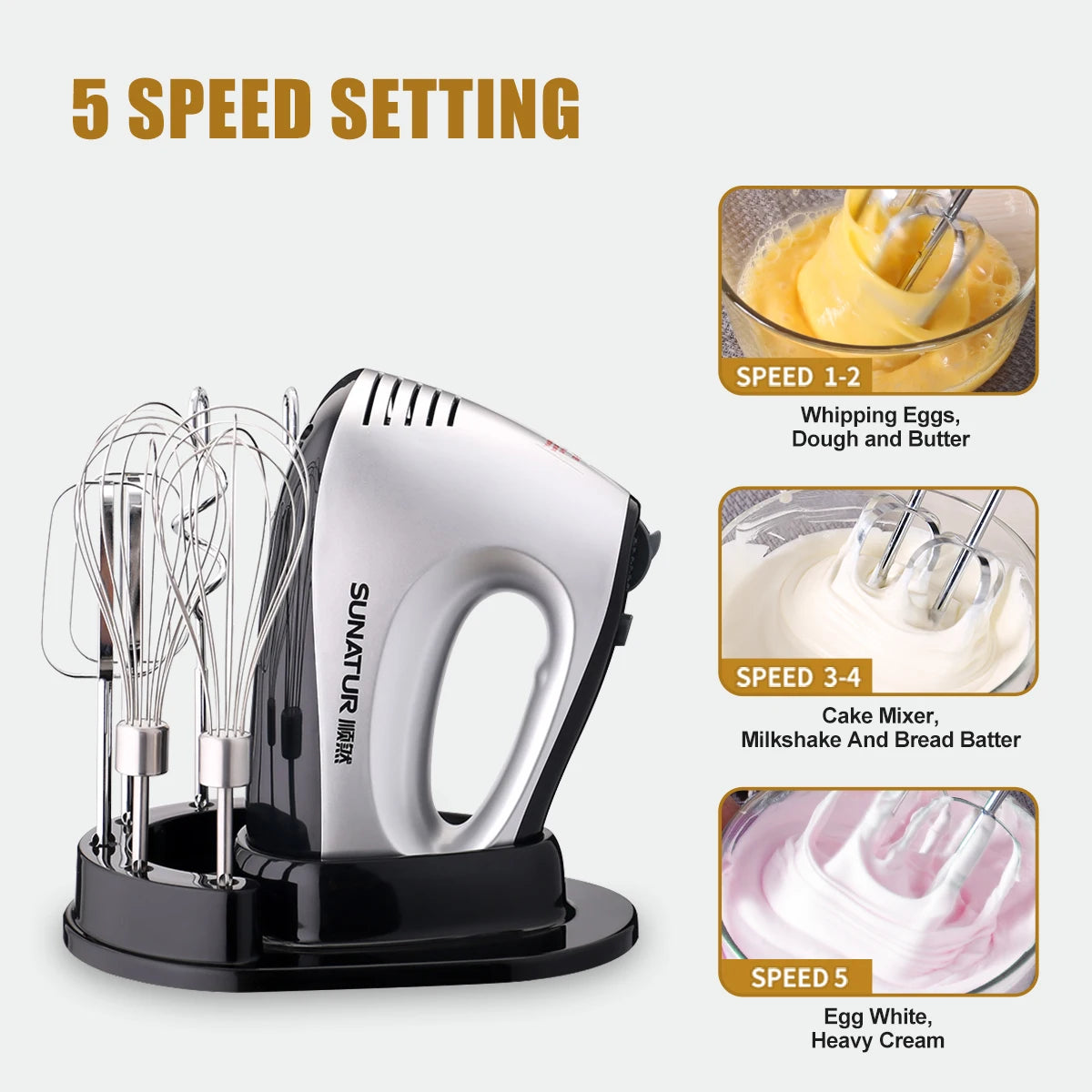 SUNATUR 300W Electric Hand Mixer - 5-Speed Egg Beater