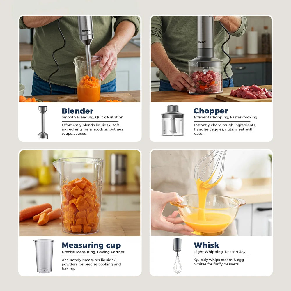 4-in-1 Hand Immersion Blender Powerful Stainless Steel Whisk