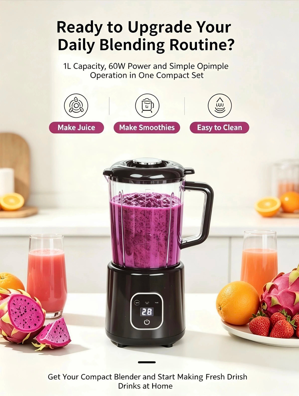 Juicer Smoothie Maker LED Display Easy Clean Countertop Blender for Baby