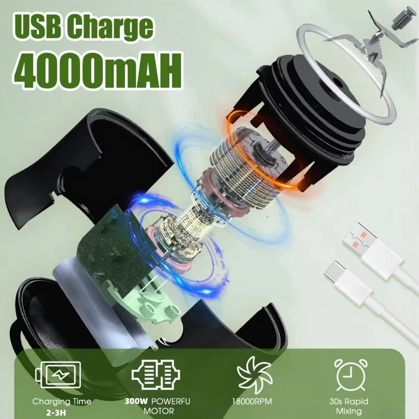 300W Powerful Juicer USB Battery Multi-use Juice Cup