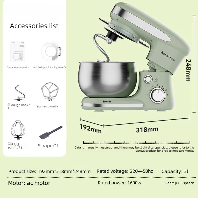 Stand Mixer 3L 1600W 6 Speed Kitchen Mixer with Dough Hook Beater