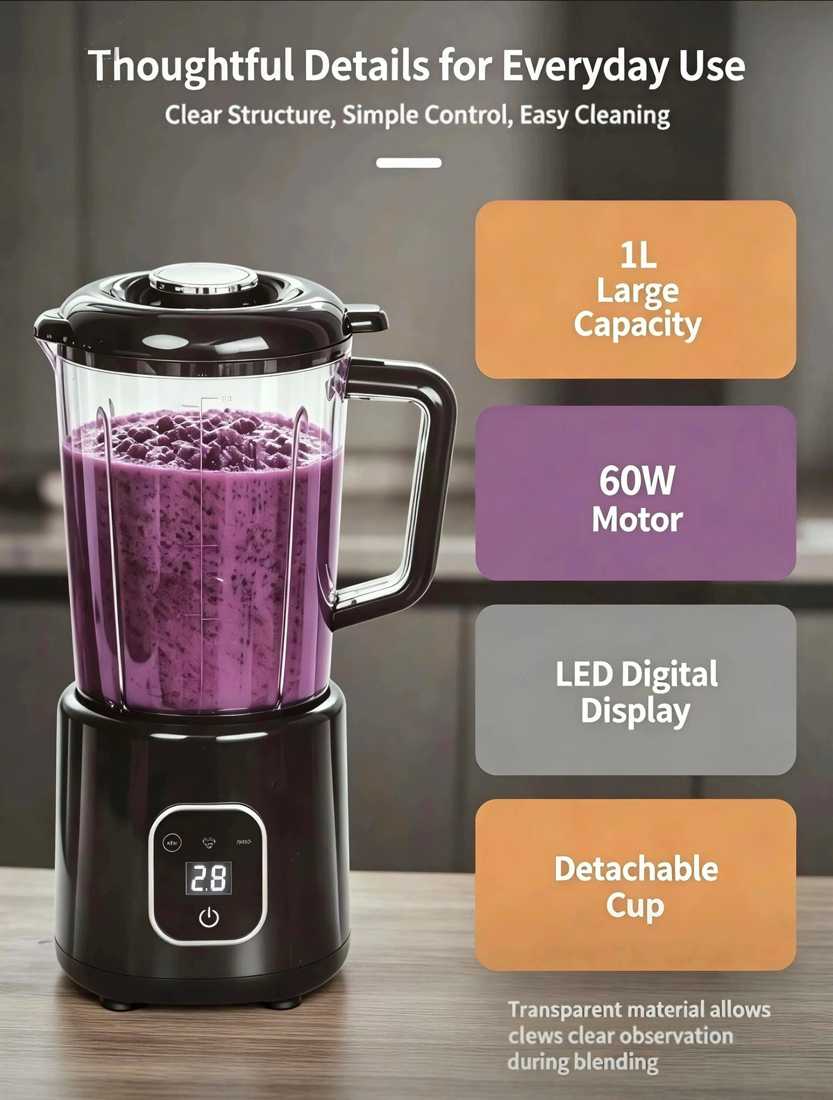 Juicer Smoothie Maker LED Display Easy Clean Countertop Blender for Baby