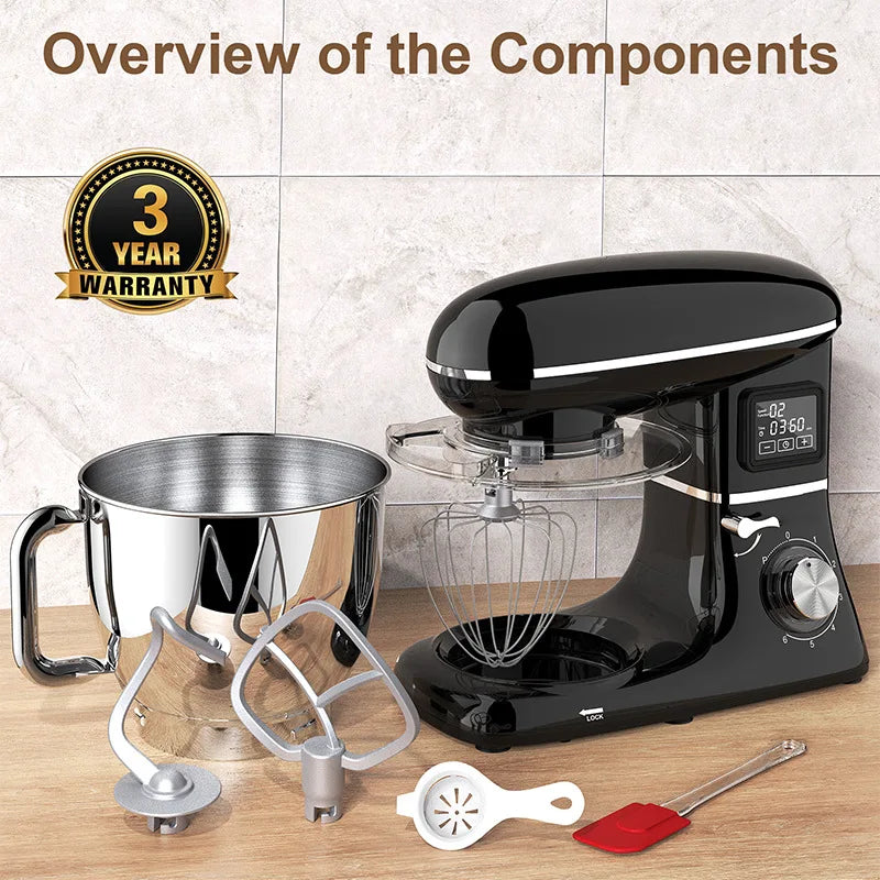 Commercial Stand Mixer 1500W, 6.5L Stainless Steel Bowl 6-Speed, Silent Design Smart Display Multi-Functional Dough Mixer