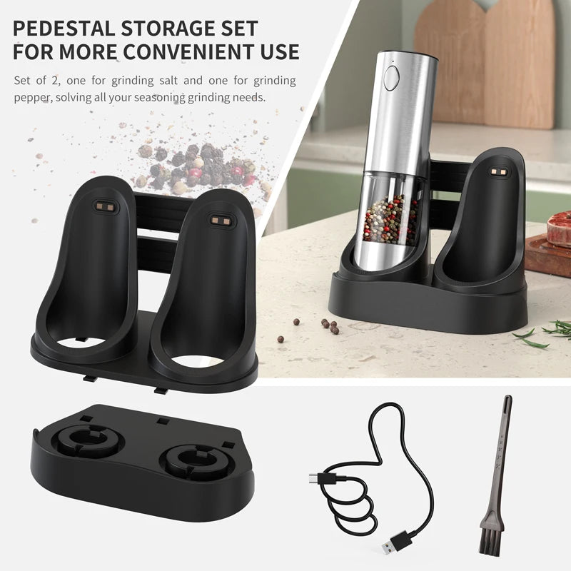 Electric Salt Pepper Grinder Set with Base USB Rechargeable