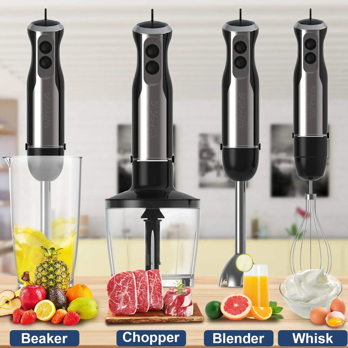 Wancle 1000W Immersion Hand Blender 4 in 1 Powerful Stick Blender Mixer