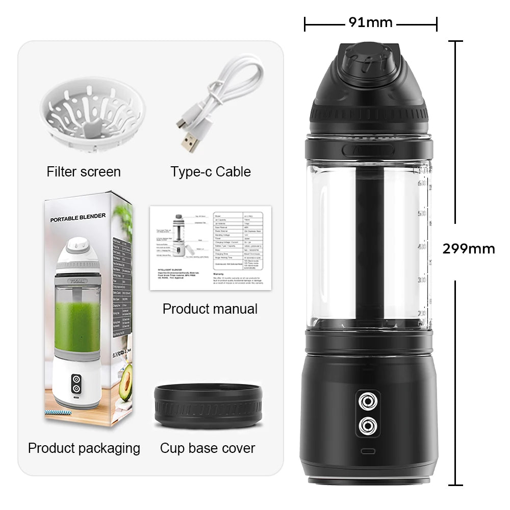 Portable Electric Juicer 700ML USB Rechargeable Fruit Milkshake Smoothie Mini Blender for kitchen travel Outdoor Camping Picnic.