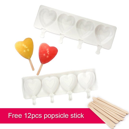 4 Cavities Ice Cream Silicone Mold DIY Tools Reusable With Wooden Sticks