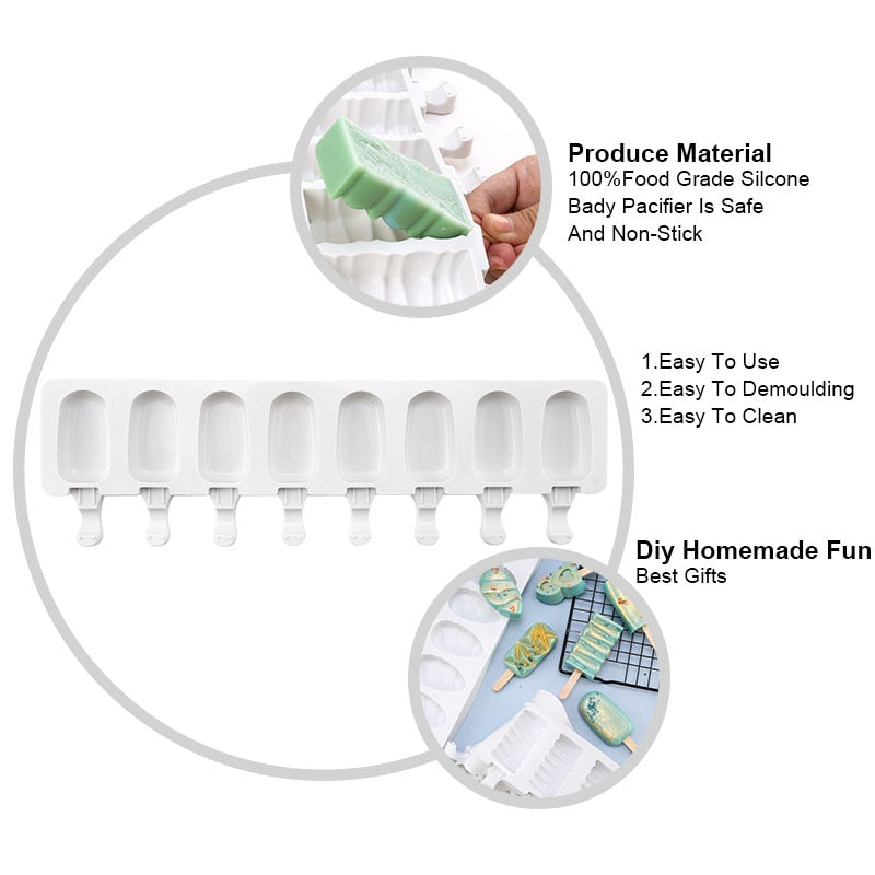 Homemade 8 Hole Silicone Ice Cream Mold Ice with Popsicle Stick