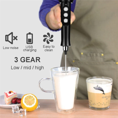 Electric Foamer Mixer Whisk Beater Stirrer 3-Speeds Coffee Milk USB Rechargeable Handheld