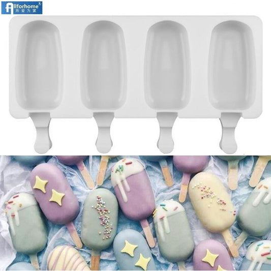 4 Cell Silicone Ice Cream Mold Ice Pop Cube Popsicle Barrel Mold Dessert Freezer Juice DIY Mould Maker Tools with Popsicle Stick